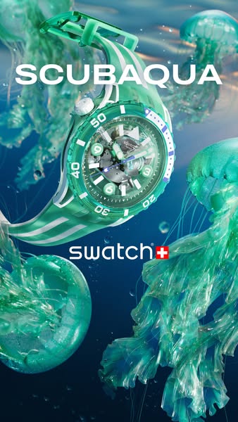 A visually-driven ad showcasing a green and white Swatch SCUBA AQUA watch surrounded by translucent jellyfish in an aqua