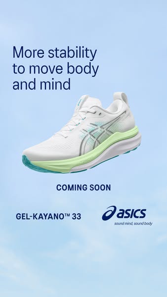 This ad showcases a side profile of the GEL-KAYANO™ 33 running shoe from ASICS, highlighting the brand's commitment 