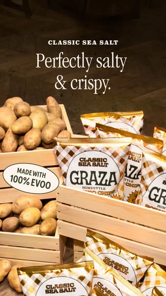 An ad for Graza Homestyle Chips, featuring a close up of the product with the tagline "Perfectly salty & crispy