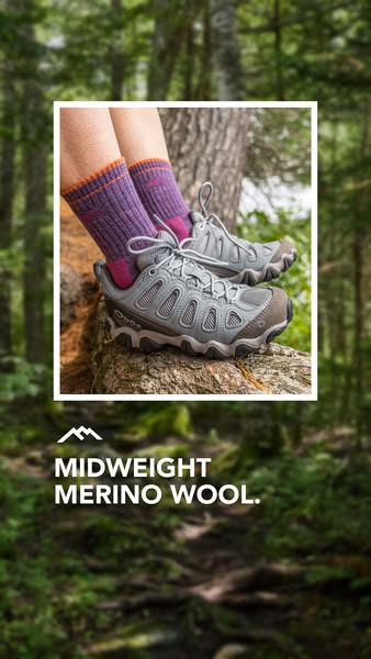 This ad for lightweight merino wool socks features an image of a pair of hiking shoes and socks in a forest setting. The