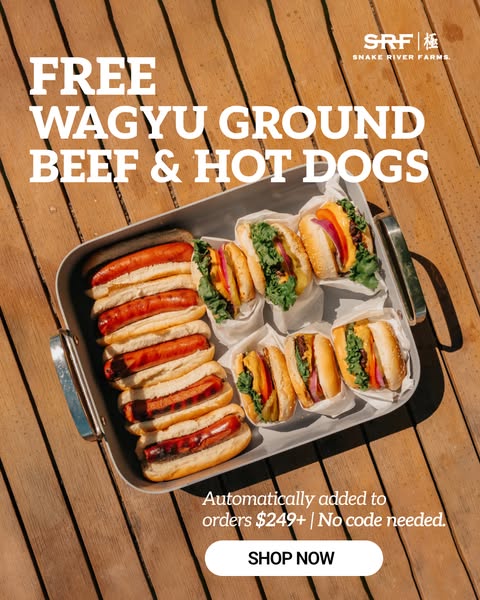 This image ad by Snake River Farms promotes a limited-time offer of free wagyu ground beef and hot dogs with orders over
