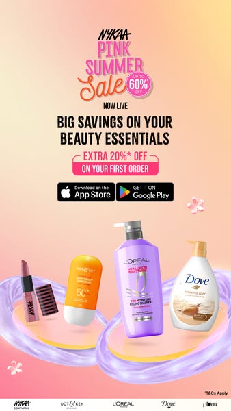 This Nykaa ad promotes the Pink Summer Sale, offering discounts on beauty essentials. It features several beauty product