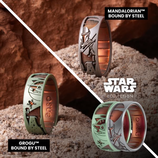 This ad features three Enso rings from the Star Wars collection. Two of the rings are engraved with Grogu-themed imagery