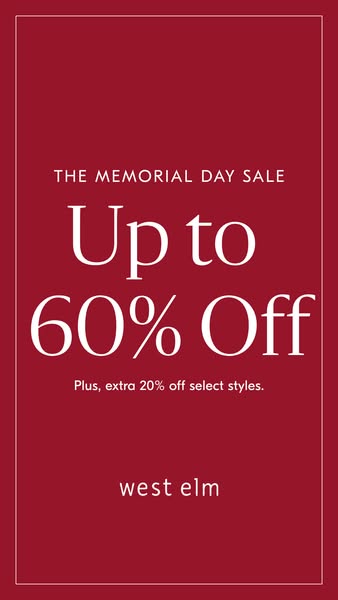This image ad promotes West Elm's Memorial Day sale, offering up to 60% off, plus an extra 20% off select styles.