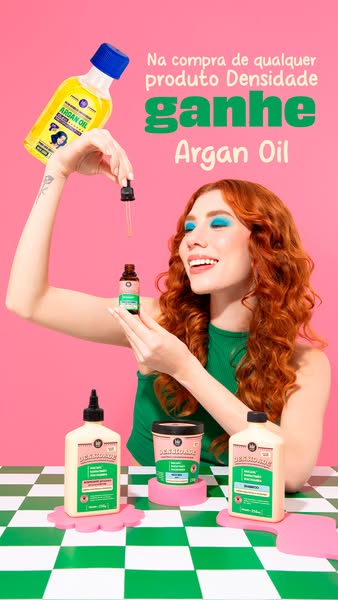 An image ad for Densidade hair products. With any purchase of Densidade product, the customer gets a free Argan Oil.