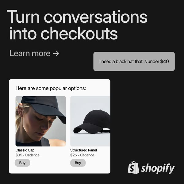 The ad presents a chat interface with a customer requesting a black hat under $40. The ad shows two hats with their pric