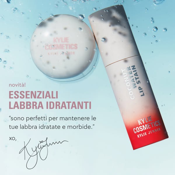This ad promotes Kylie Cosmetics' lip balm and lip stain. It emphasizes hydrating benefits and includes a testimonia