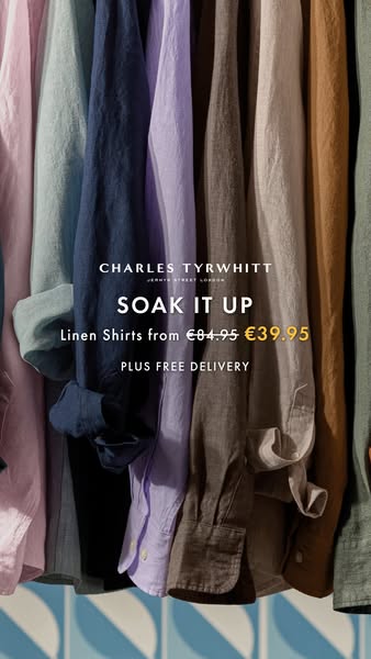 This ad for Charles Tyrwhitt promotes linen shirts with a discounted price and free delivery. The ad features an image o