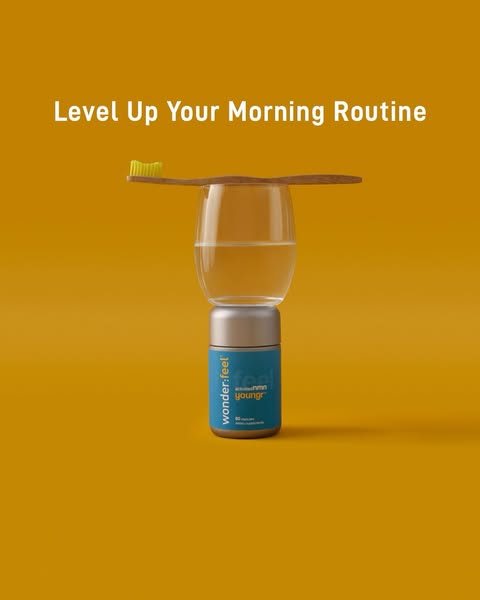 This image ad promotes Wonderfeel Youngr supplements as a way to 'Level Up Your Morning Routine.' The product is
