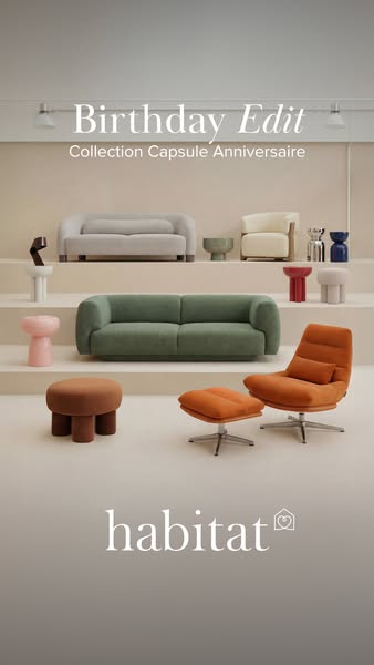 This ad showcases a variety of colorful furniture items from Habitat in a clean and modern setting. The ad promotes the 