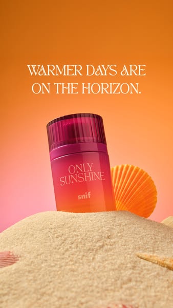 This image ad promotes the 'Only Sunshine' fragrance by Snif, using a vibrant and summery aesthetic with a sand 
