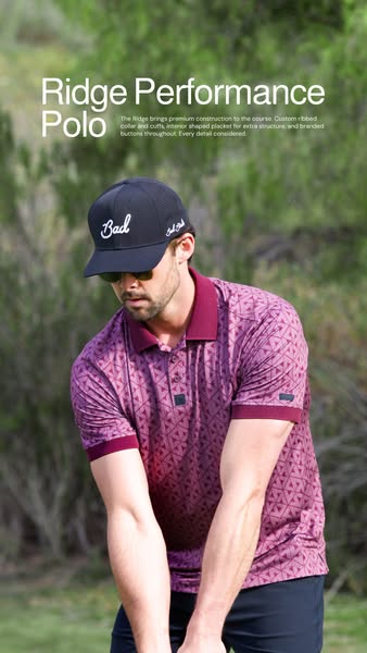 This image ad showcases a male golfer wearing a Ridge Performance Polo and a cap. The ad highlights the premium construc