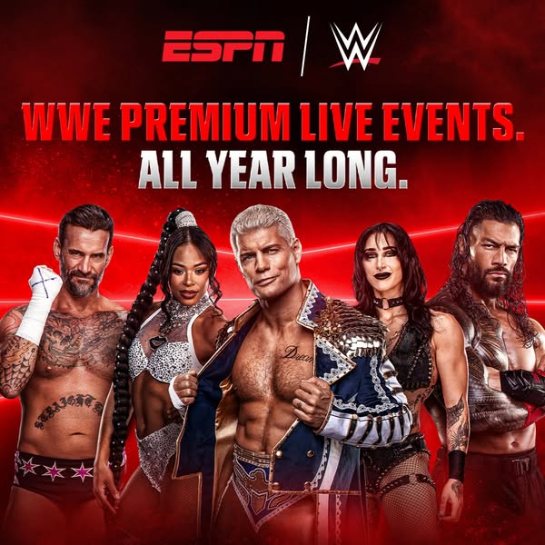 This image ad promotes WWE premium live events being aired on ESPN all year long. It features five different WWE perform