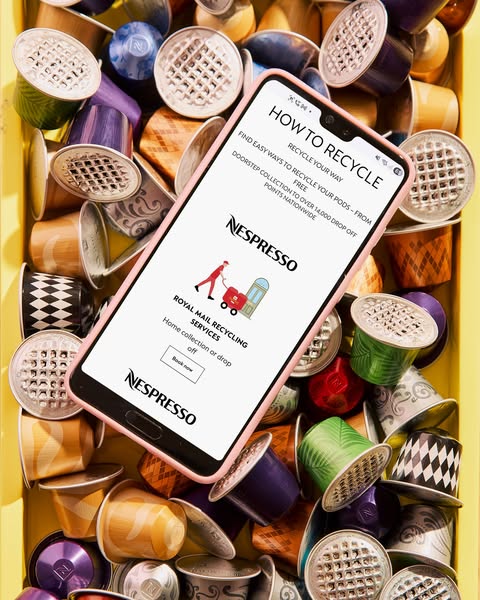 The ad highlights Nespresso's commitment to recycling and provides simple ways to recycle Nespresso pods. It uses a 