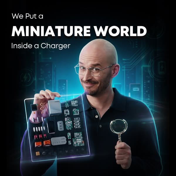 An ad featuring a presenter holding a clear board with tiny electronic components attached, resembling a miniature city.