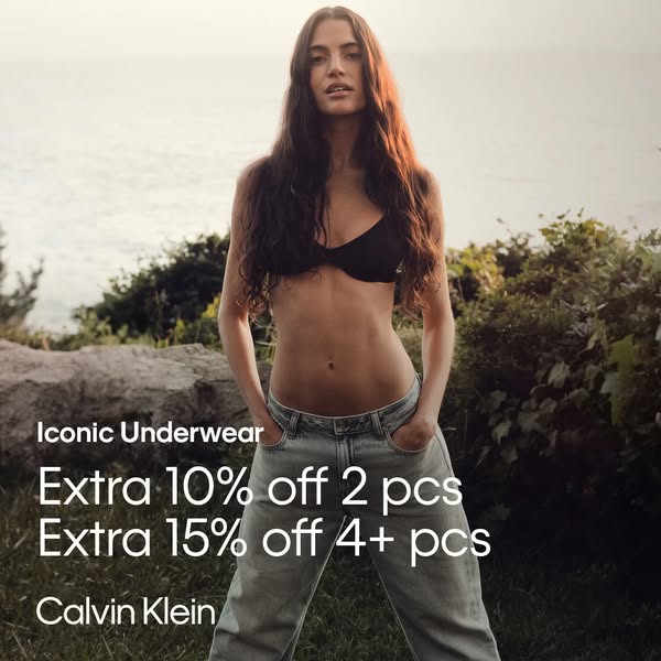 This image ad for Calvin Klein features a model wearing a black Calvin Klein bra and jeans, promoting a discount on &quo