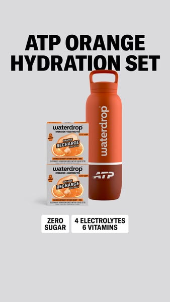 This ad showcases Waterdrop's ATP Orange Hydration Set, emphasizing its zero sugar content and inclusion of 4 electr