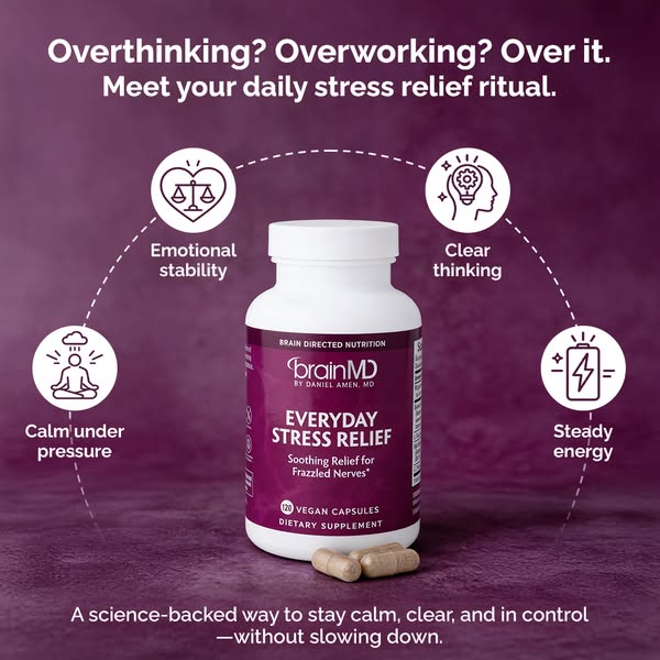 This image ad promotes BrainMD's Everyday Stress Relief capsules. The ad highlights the product's benefits, such