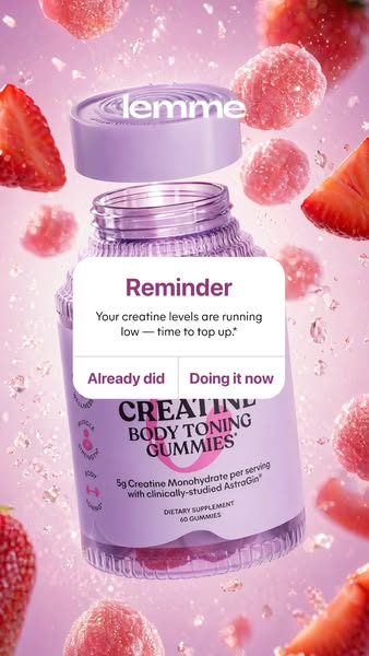 Ad for Lemme Creatine Body Toning Gummies. The product is in a lavender bottle with a white label. The ad features straw