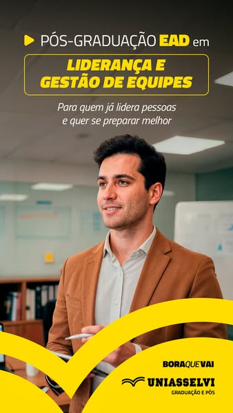 This is an image ad for UNIASSELVI promoting their post-graduate program in Leadership and Team Management. The ad targe