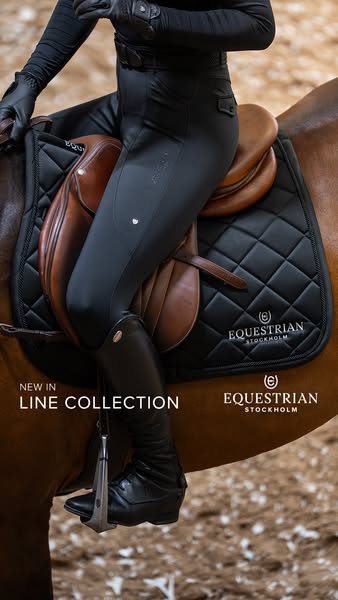 This ad showcases the new Equestrian Stockholm 'LINE COLLECTION' by showing a close-up of a person riding a hors