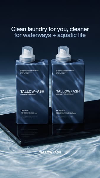 Image ad for Tallow + Ash laundry shampoo and conditioner that promotes the idea of clean laundry with clean water by sh