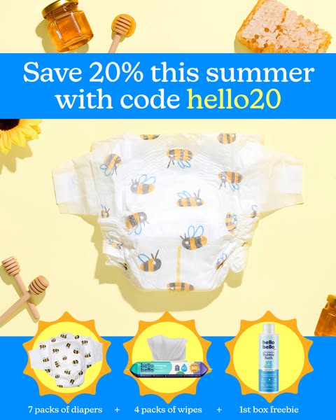 This image ad for Hello Bello features a diaper displayed in the center with honey and honeycomb props in the corners an