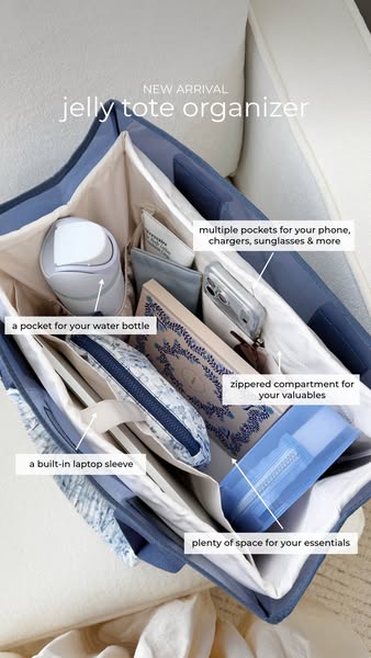 This ad showcases a Jelly Tote Organizer, highlighting its key features such as multiple pockets, a built-in laptop slee
