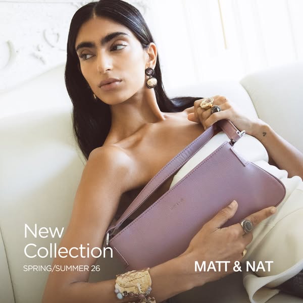 This image ad presents Matt & Nat as a vegan brand, showcasing its latest collection through a photograph of a model
