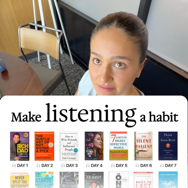 This image ad promotes a habit of listening through audio books and displays different titles that are available.