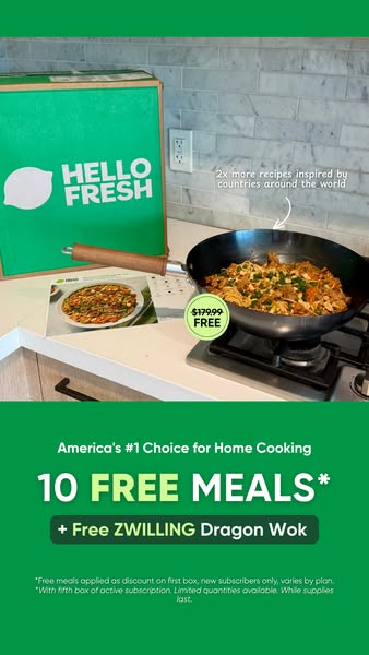 This ad is advertising a special deal for Hello Fresh, where new customers can get 10 free meals as well as a free ZWILL
