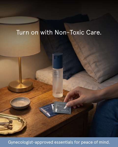 This image ad for LOLA promotes gynecologist-approved essentials for women's sexual health, emphasizing non-toxic ca