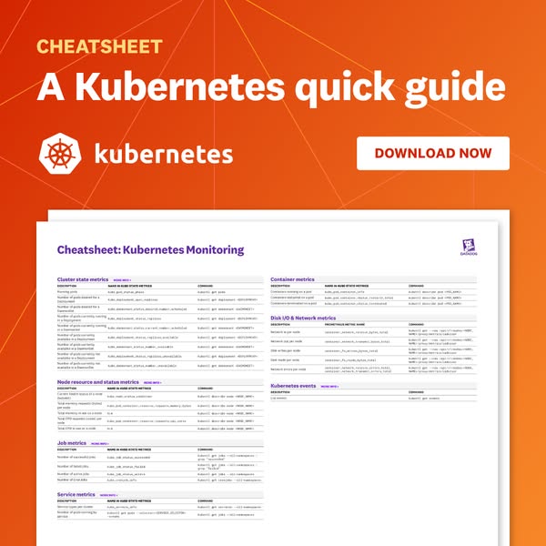This ad promotes a Kubernetes quick guide cheat sheet. The ad features a close-up of the cheat sheet, highlighting its d