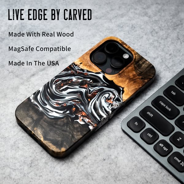 Image ad promoting Carved brand phone cases, highlighting the unique wood and resin construction of their products. The 