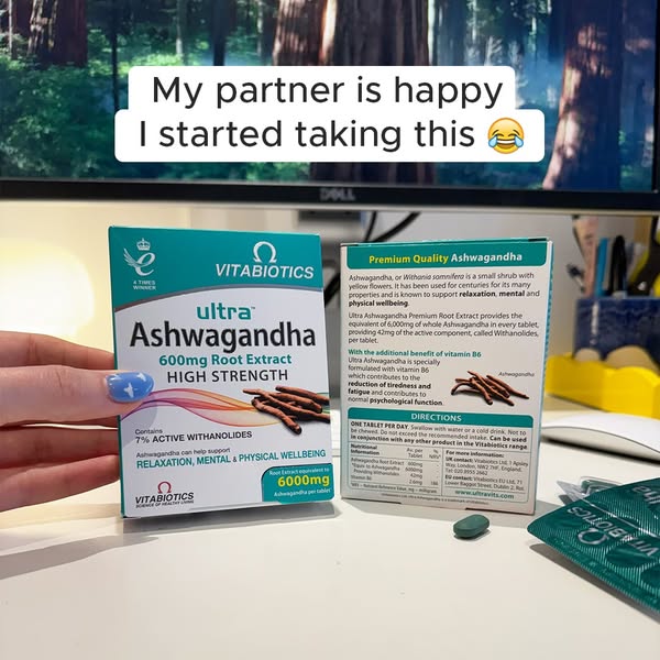 This image ad features Vitabiotics Ultra Ashwagandha supplements. The ad highlights the product's benefits for relax