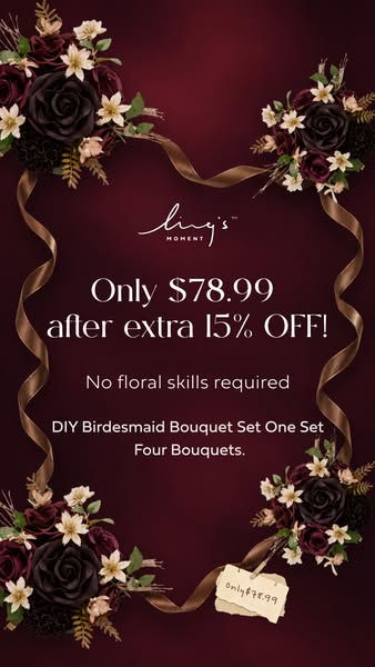 This image ad for Ling's Moment promotes a DIY Bridesmaid Bouquet Set with four bouquets, highlighting a discounted 