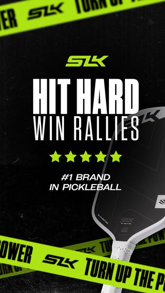This image ad for SLK pickleball paddles emphasizes power and quality. It features a high-contrast design with bold text