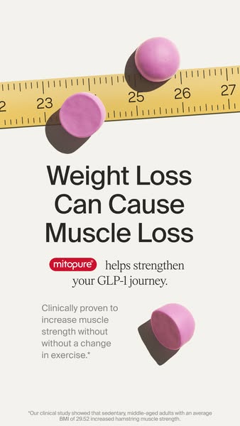 This ad emphasizes the benefits of Mitopure in maintaining muscle strength during weight loss, particularly for individu