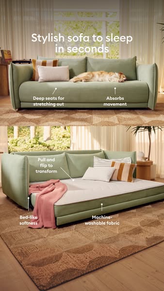 A split screen ad shows a convertible sofa being transformed into a bed. Product attributes are called out via white tex