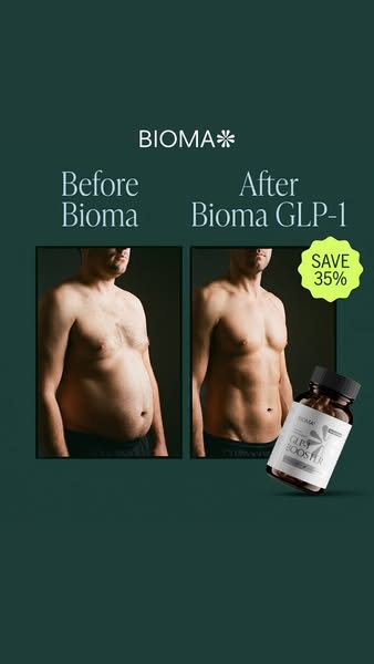 This image ad features a side-by-side comparison of a man's physique before and after taking Bioma GLP-1, highlighti