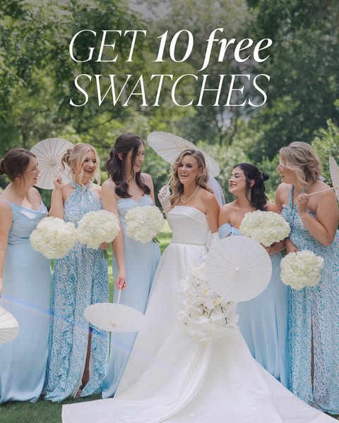 An image ad features a group of women in light blue dresses, some holding white parasols and small white flower bouquets