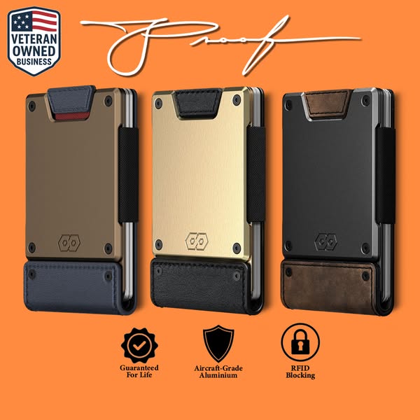 This image ad features three variations of a slim metal wallet. Each wallet is presented in a different color, and the i