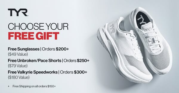 This image ad for TYR promotes a deal where customers can choose a free gift with purchases over a certain amount. The p