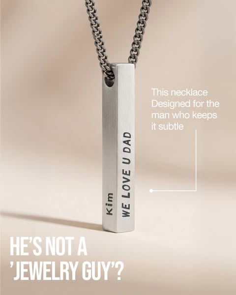 An image ad promotes a personalized necklace for men, addressing the idea that some men don't typically wear jewelry