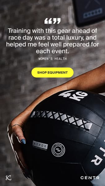 This ad uses a quote from Women's Health to build trust in the equipment for the Hyrox race. The ad prompts the user