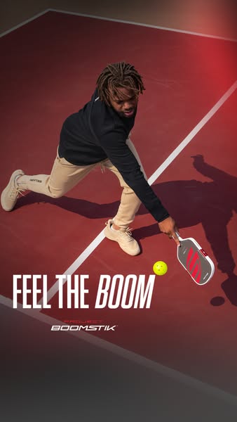 This ad features a person playing pickleball and promotes Boomstik pickleball paddles.