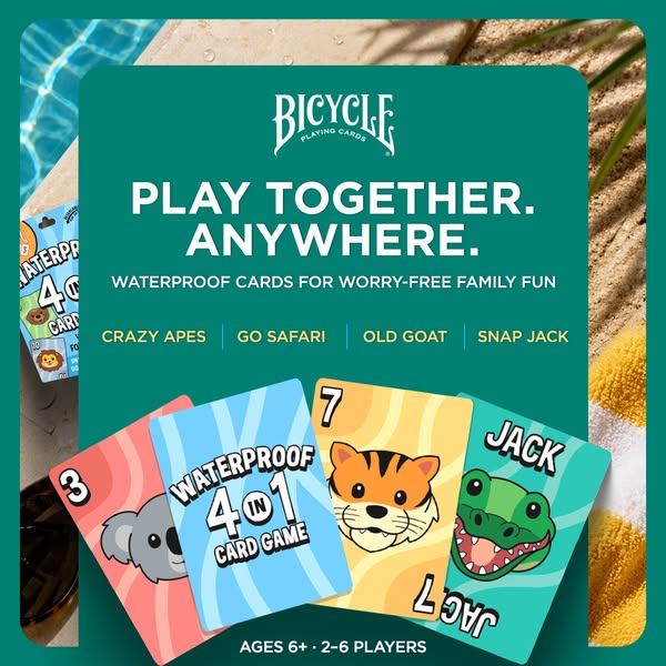 This image promotes Bicycle Playing Cards, specifically their waterproof version of the 4 in 1 card game. The ad emphasi