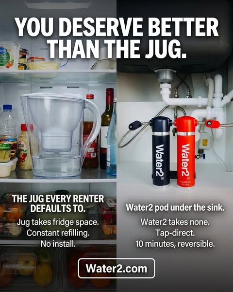 This ad contrasts the traditional water jug filter with the Water2 under-the-sink water filter. The jug is positioned as