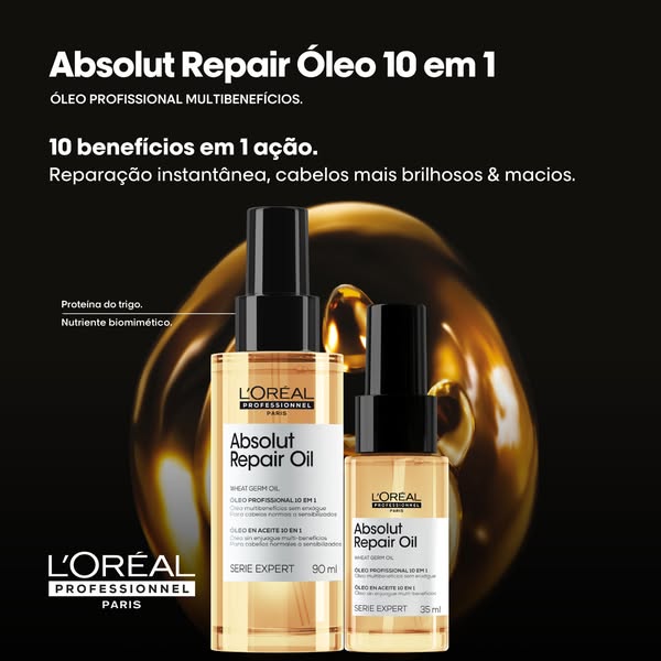 This ad for L'Oréal Absolut Repair Oil promotes its 10-in-1 oil for professional use. The ad highlights the oil'