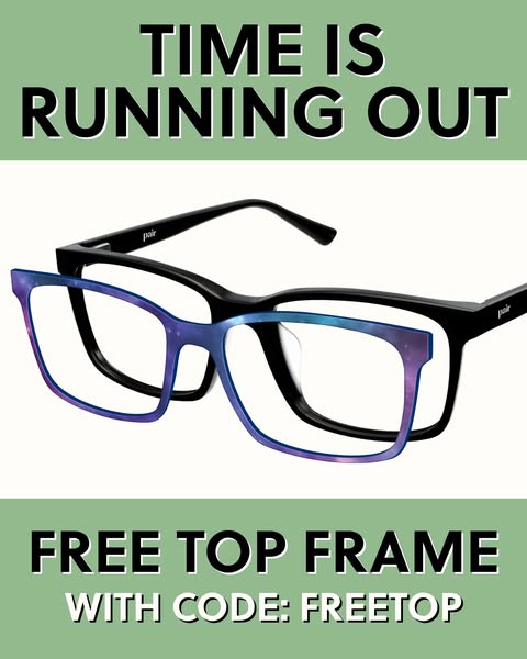 This ad for Pair Eyewear promotes a limited-time offer of a free top frame with a given promo code. The ad is structured